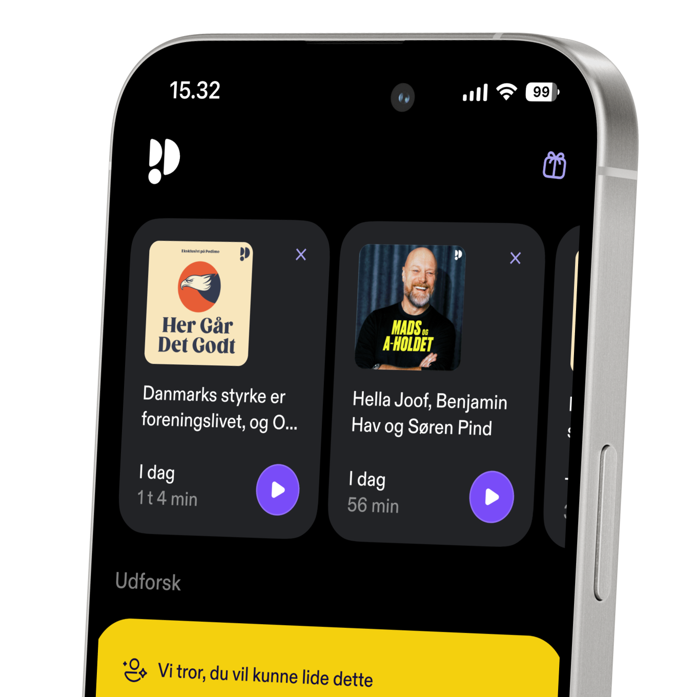 Mobiltelefonskærm med Podimo-applikationen åben
