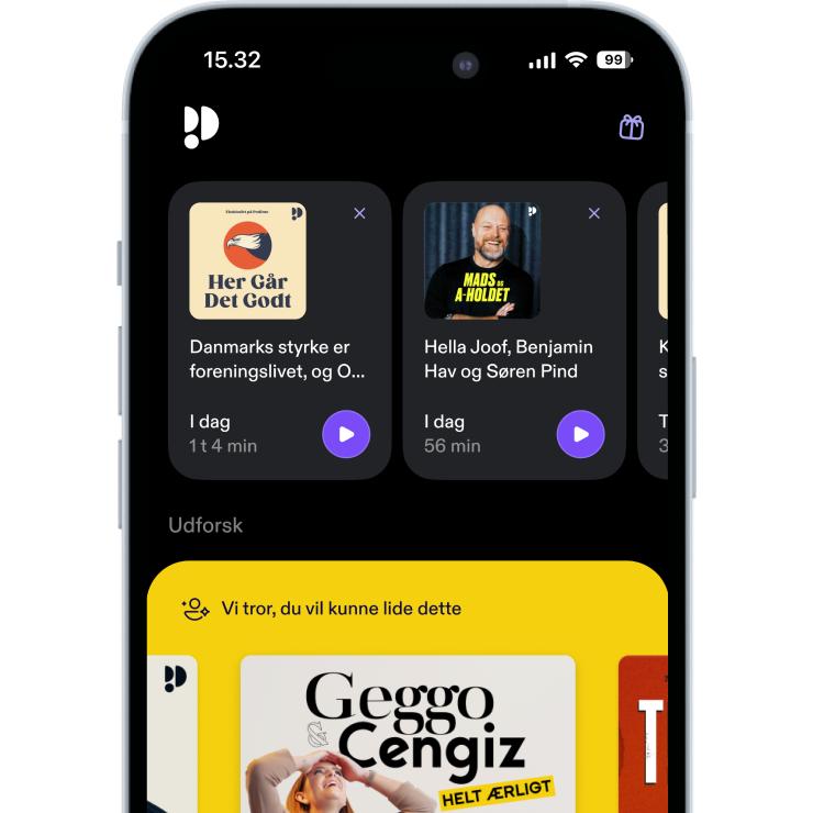 Phone screen with podimo app open surrounded by emojis